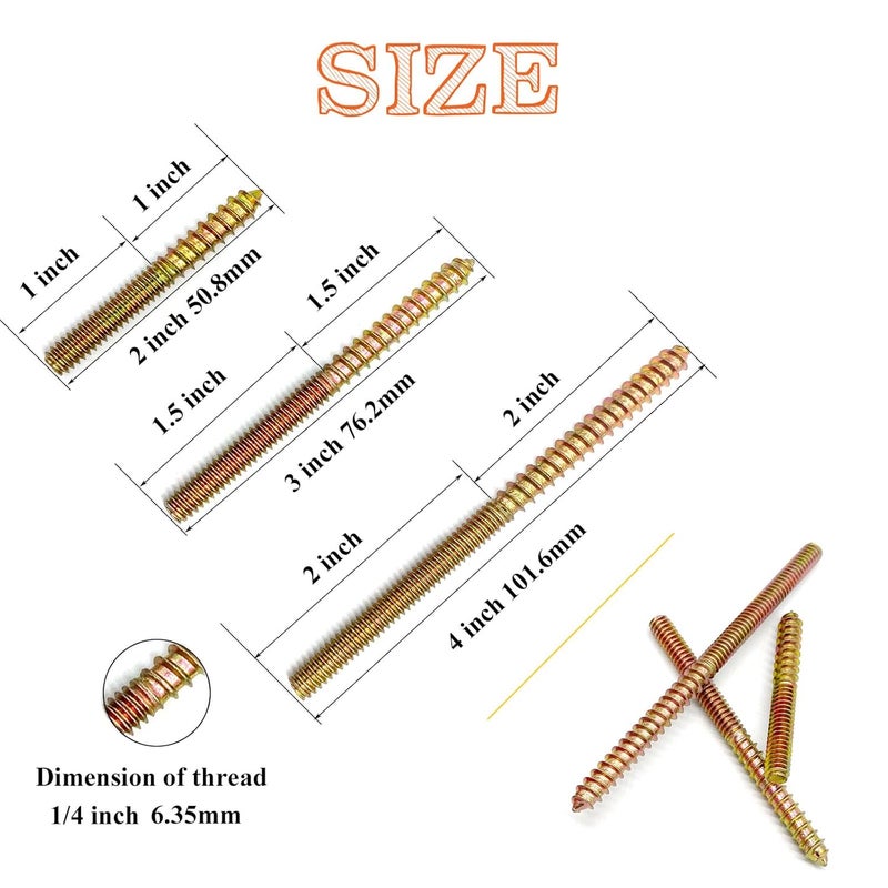 Matrelt 28 Pack 1/4-20" Hanger Bolts - 3 Sizes, 2-4 Inch Double Headed Bolts - Wood Dowel Screw Self-Tapping Screw Hanger Bolts for Furniture - Image 2